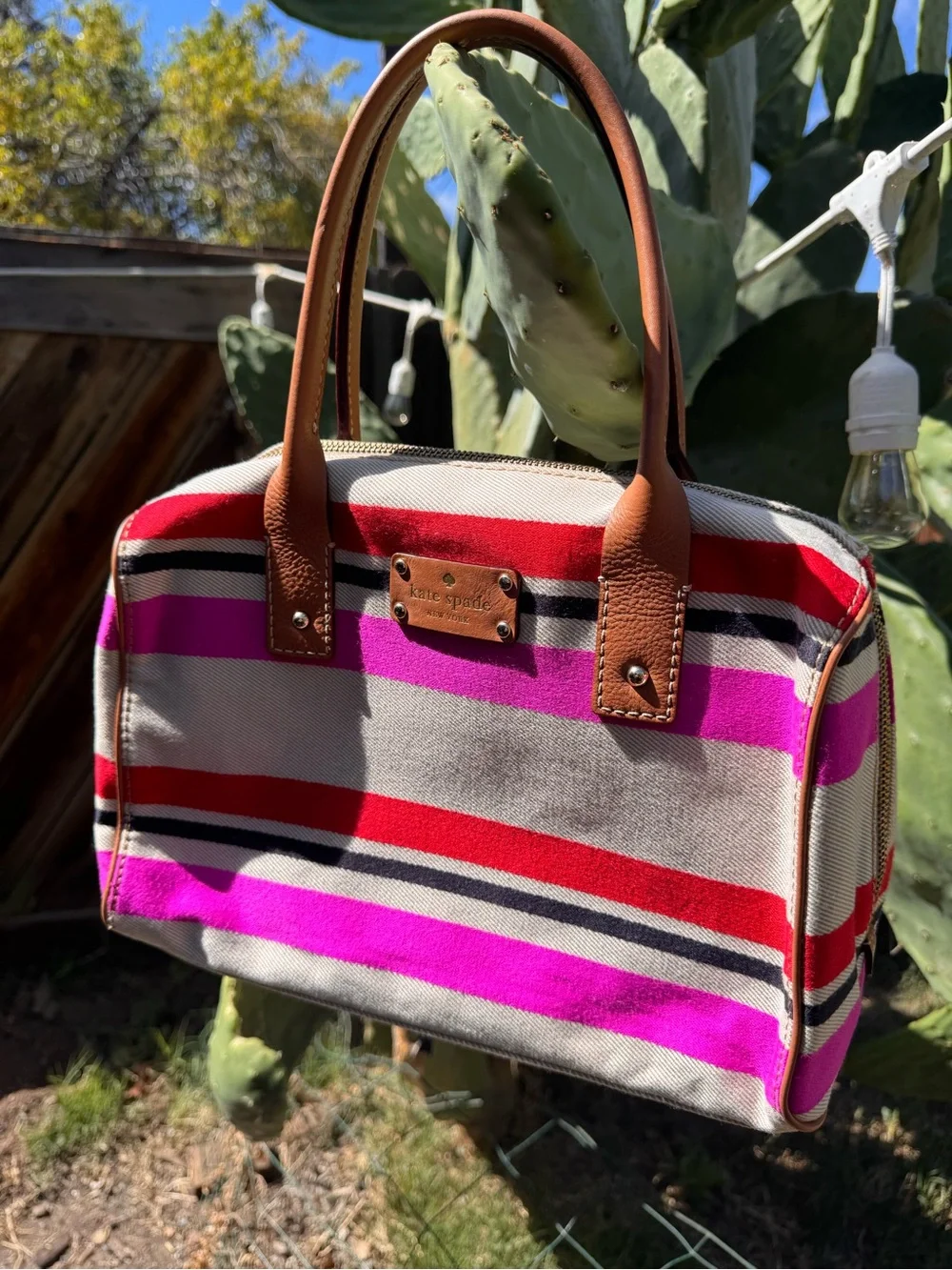 kate spade Striped Canvas Satchel in Pink, Red, Black & Cream